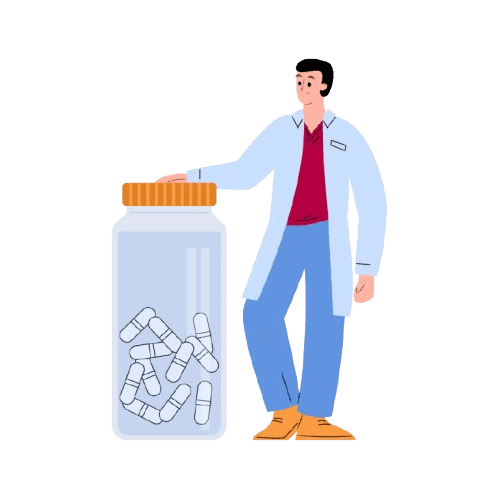 A person standing next to a giant pill bottle filled with capsules.