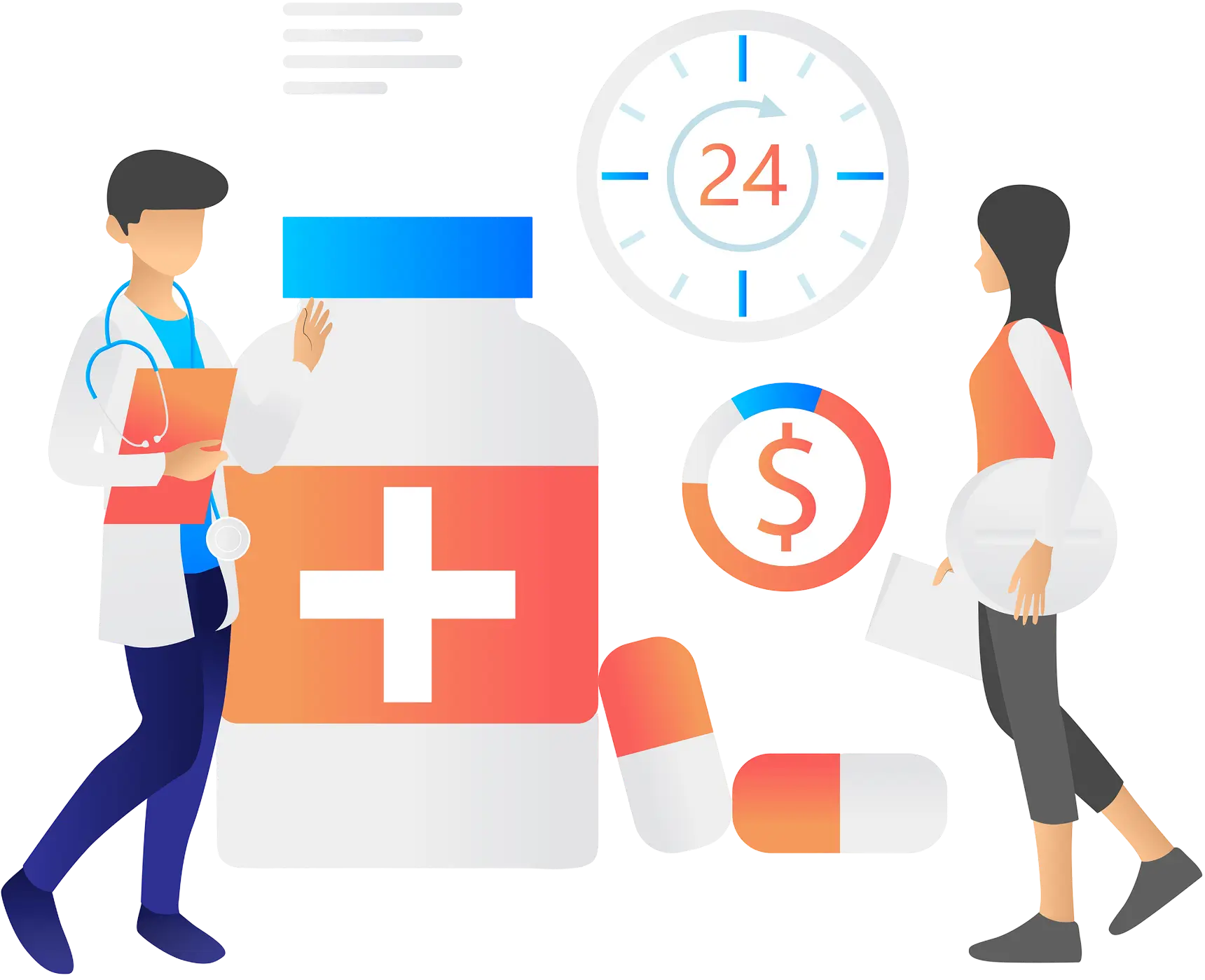 Healthcare professionals with medication and clock icons