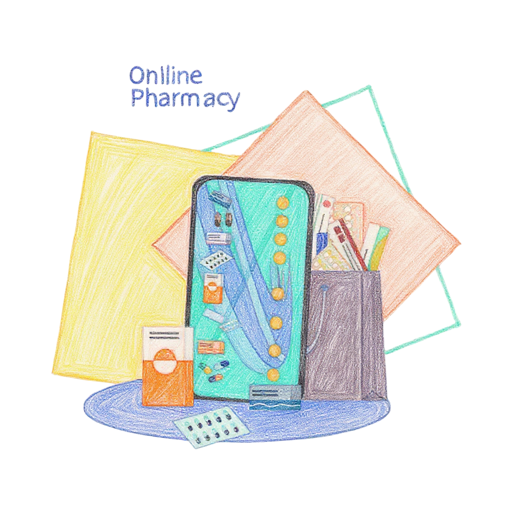 Flat lay of online pharmacy items including medication and medical supplies.