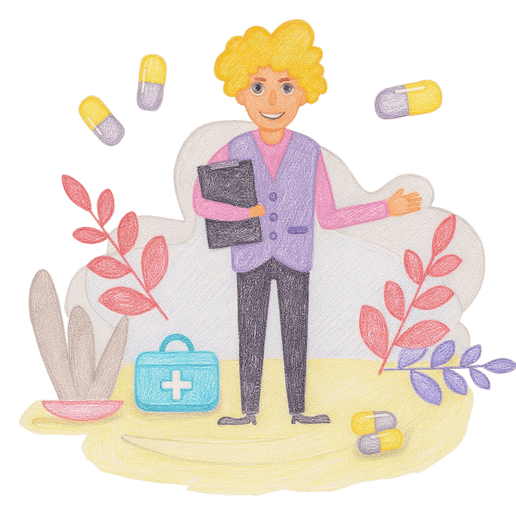 A cheerful pharmacist holding medicine bottles with a first aid kit nearby.