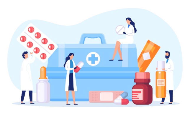 Medical professionals with medicines and first aid kit.