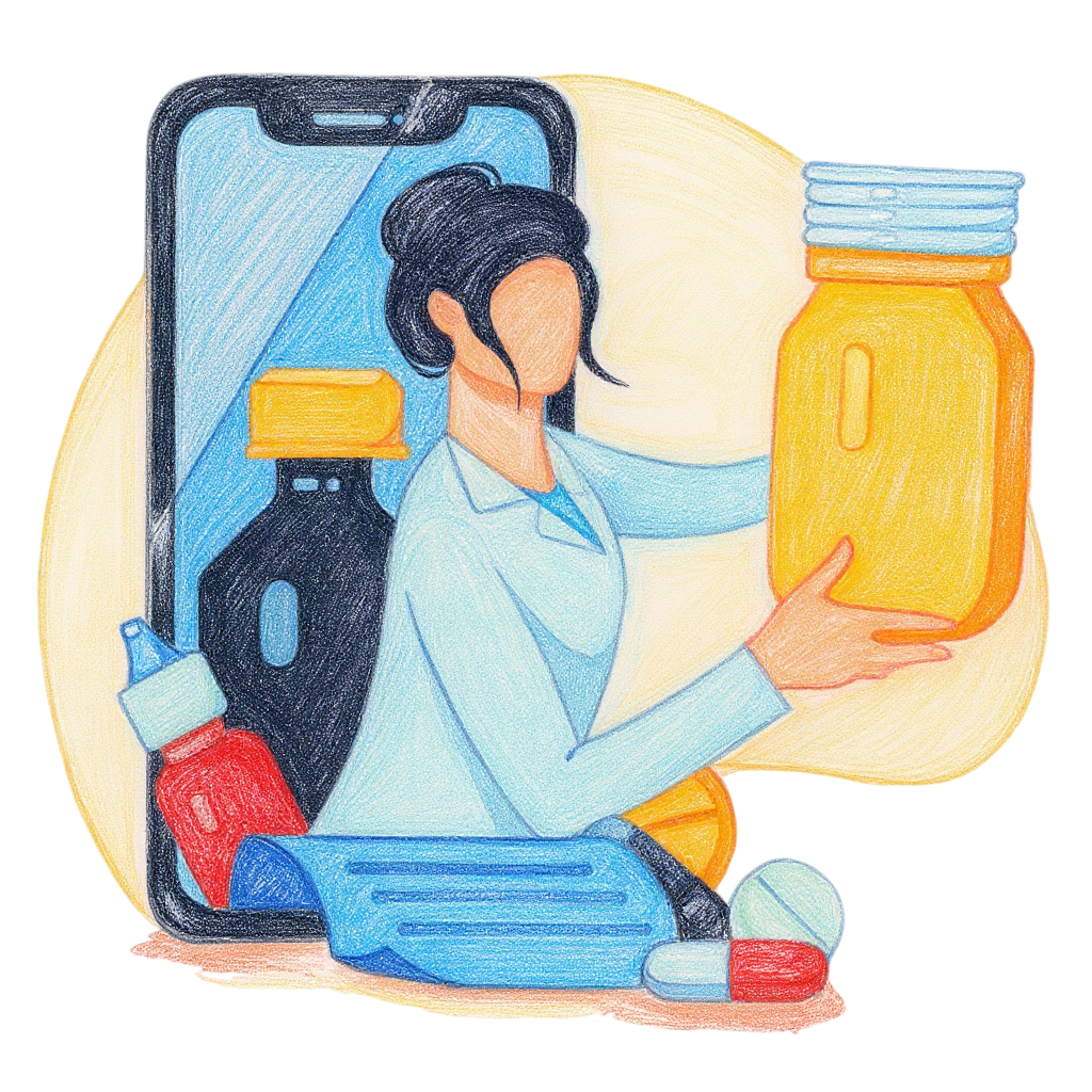 Person holding a large jar of honey with other jars and pills nearby.