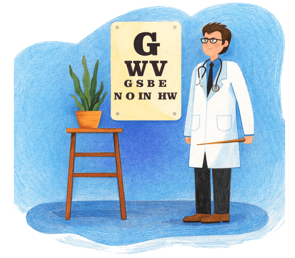 Eye doctor checking vision with an eye chart.