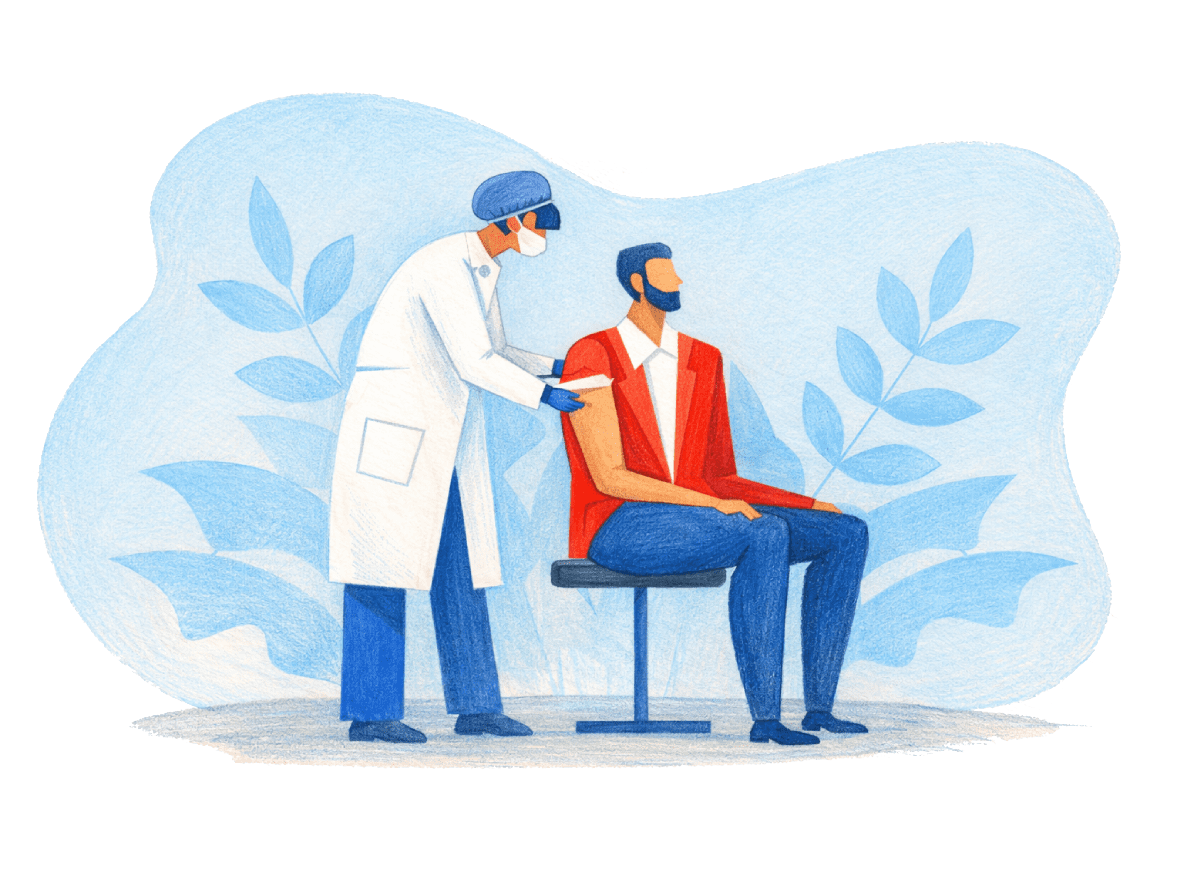 A healthcare worker administers a vaccine to a seated man.
