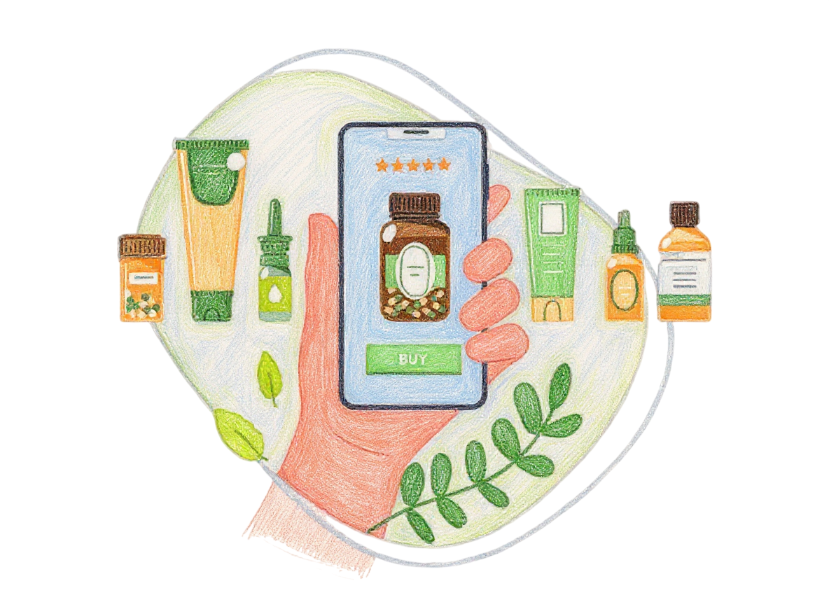 Hand holding a smartphone displaying a skincare product with various skincare items around.