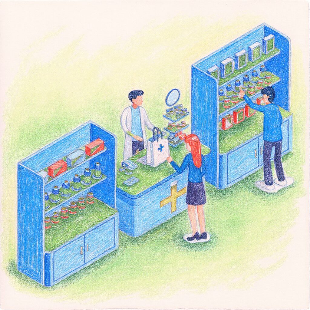 People shopping and checking out at a grocery store with stocked shelves.