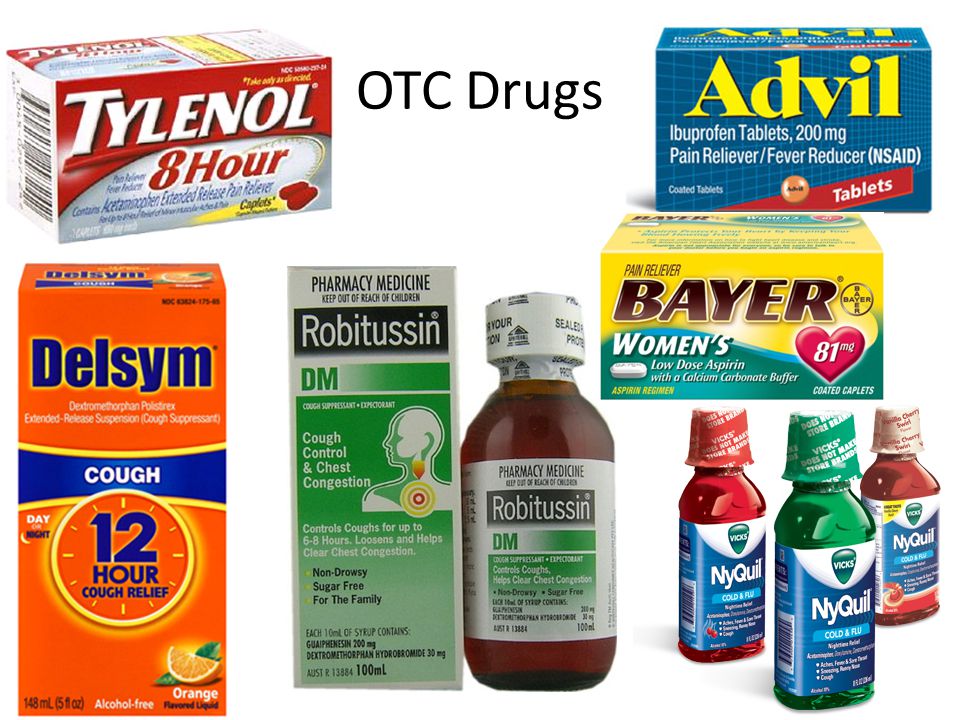 Over-the-counter drugs including Tylenol, Advil, Bayer, Robitussin, and others.