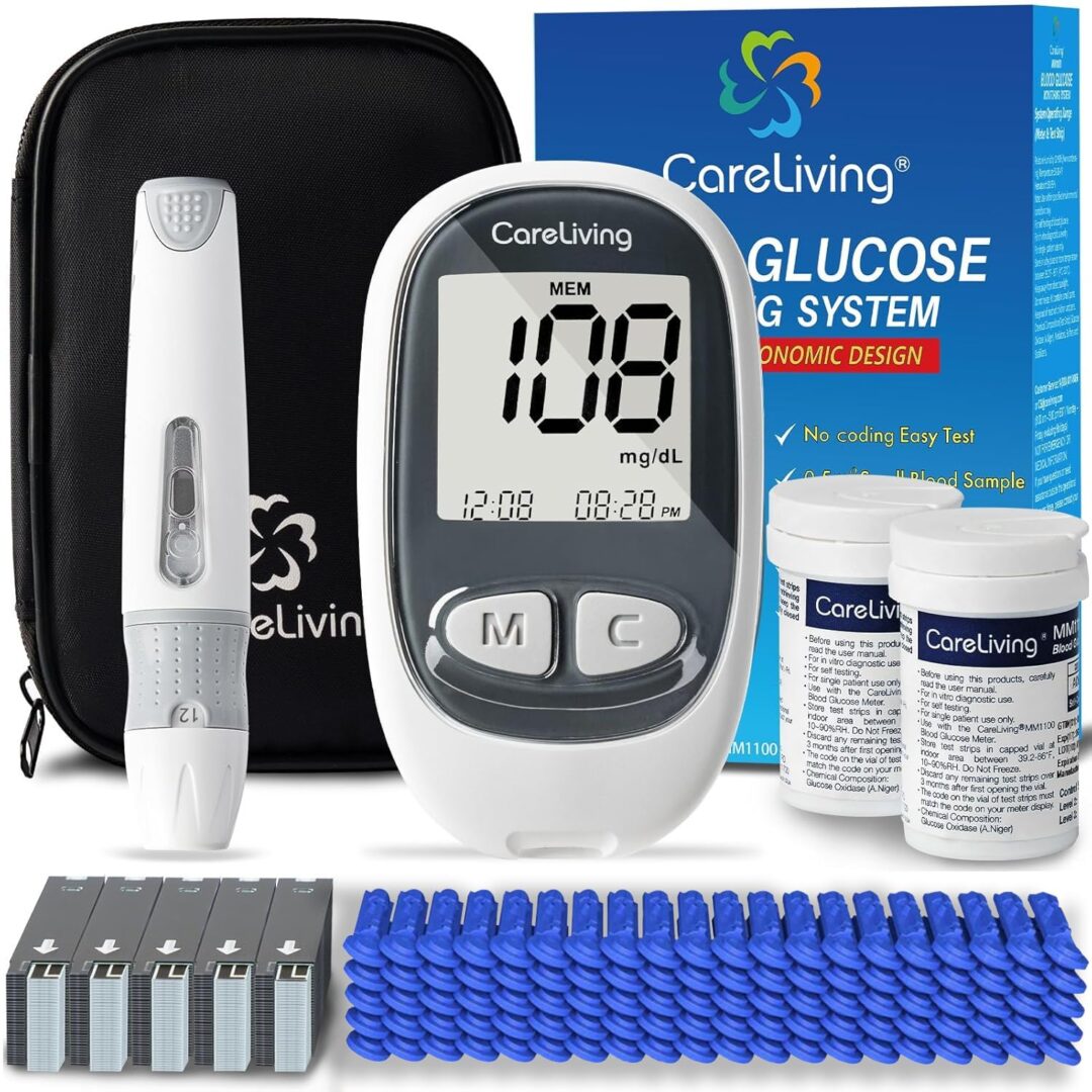 Glucose monitoring kit with digital meter, test strips, lancets, and carrying case.