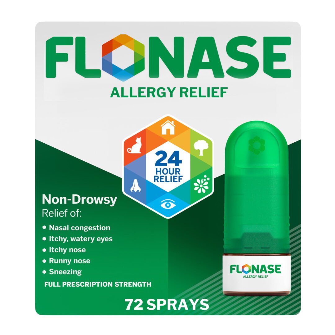 Flonase allergy relief spray with 24-hour non-drowsy protection.