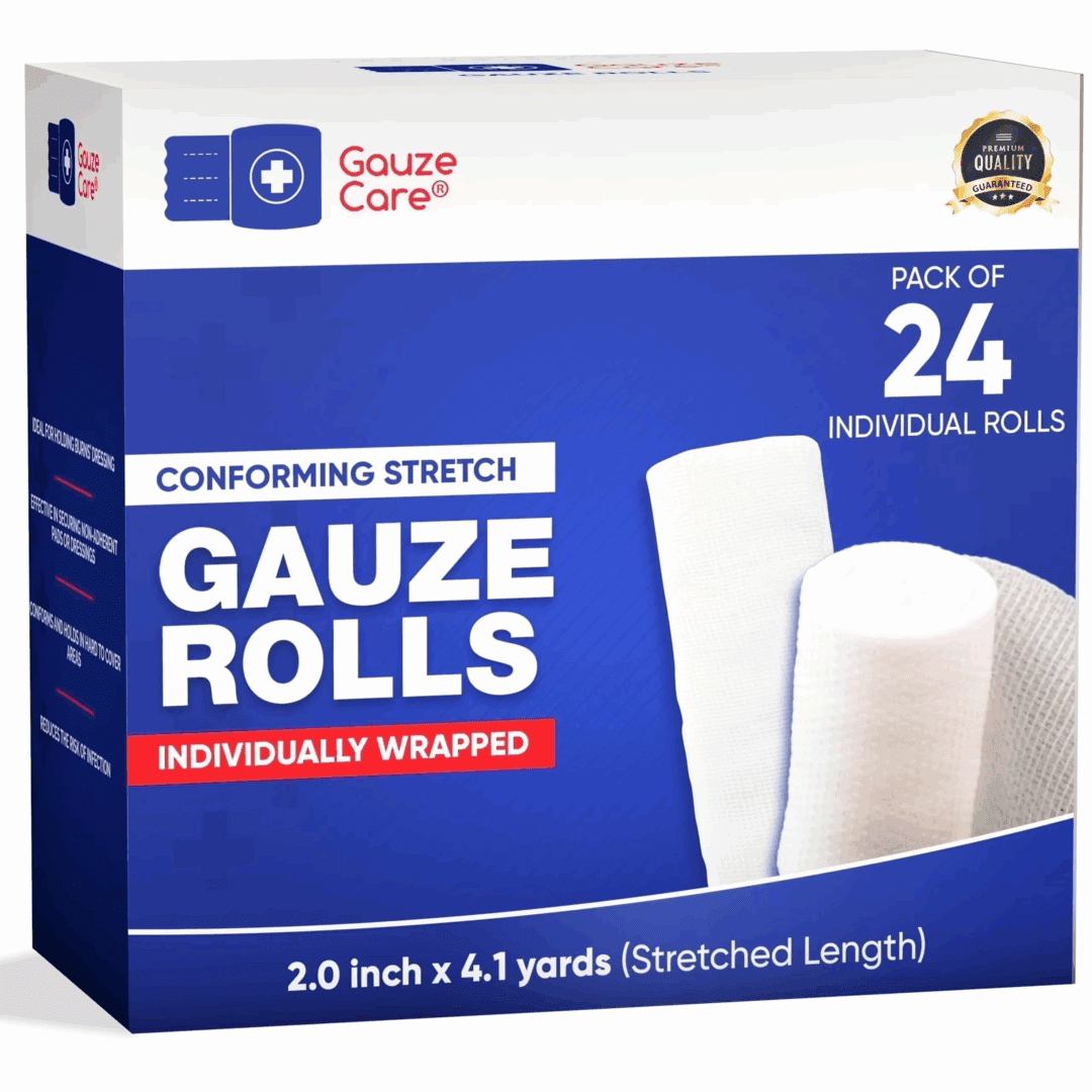 Box of 24 individually wrapped gauze rolls for wound care.