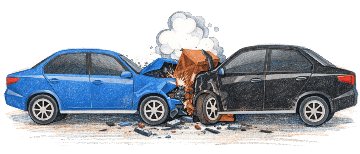 Two cars crashed head-on with smoke rising from the impact.