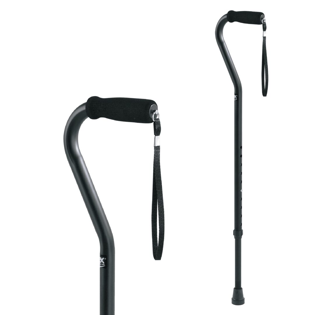 Two black walking canes with ergonomic handles and wrist straps.