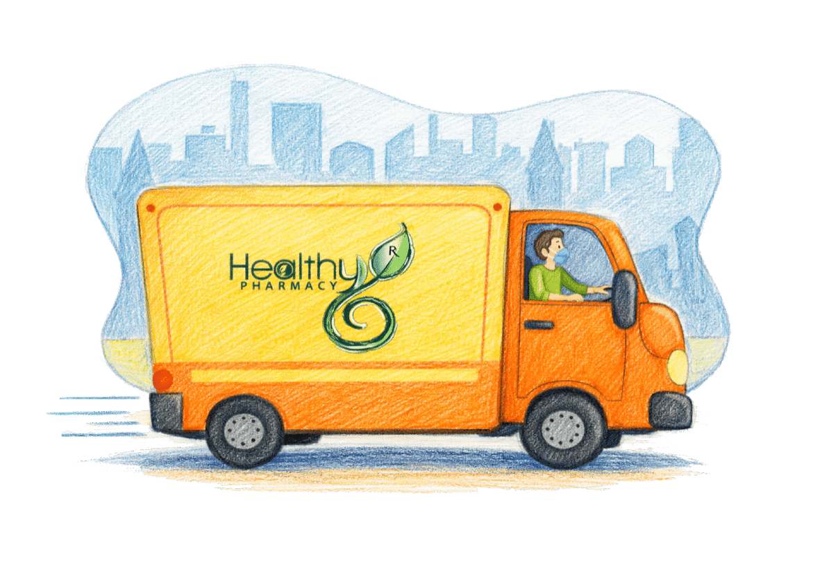 Orange delivery truck with Healthy logo in a cityscape.